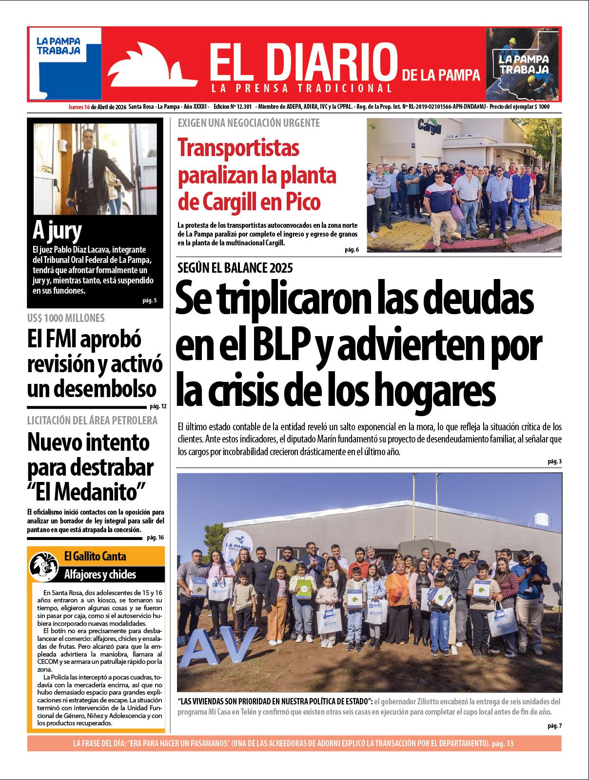Tapa de El Diario en papel  jueves 16 de abril de 2026